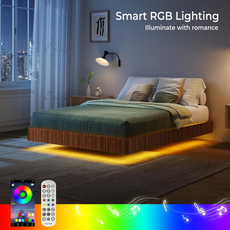 Natural Floating Bed Frame With Led Lights, Modern Fluted Oak Platform Bed Frame Floating, Heavy Duty Metal Slats, No Box Spring Required