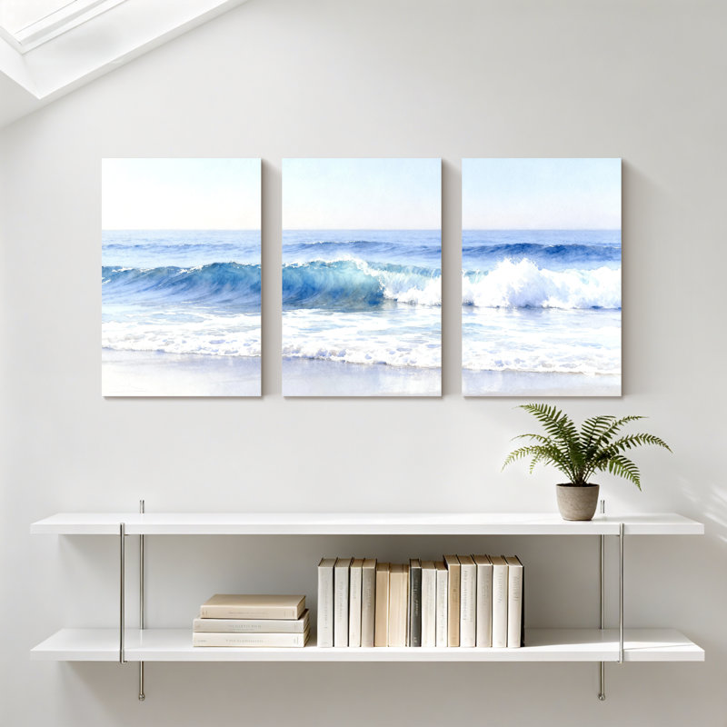 Ensemble de 3 impressions d'art sur toile, "Winter Waves Crashing On Sandy Shore", H 30 po x l 60 po