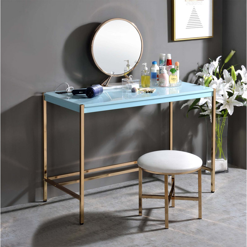 Midriaks Modern Writing Desk With USB Charging, High-Gloss White Top And Open Gold Metal Base For Stylish Home Office