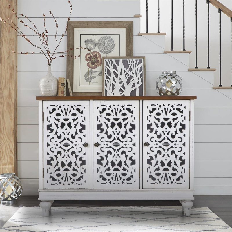 Sideboard And Buffet With Storage, 3-Door Hollow-Carved Accent Wamblee, Distressed Wood Storage Wamblee Cupboard For Kitchen, Dining Room, Living Room, Entryway, White