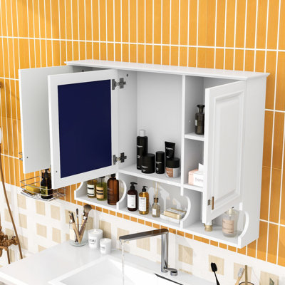 Armoire à pharmacie murale avec miroir, tablettes réglables et tablettes de rangement ouvertes