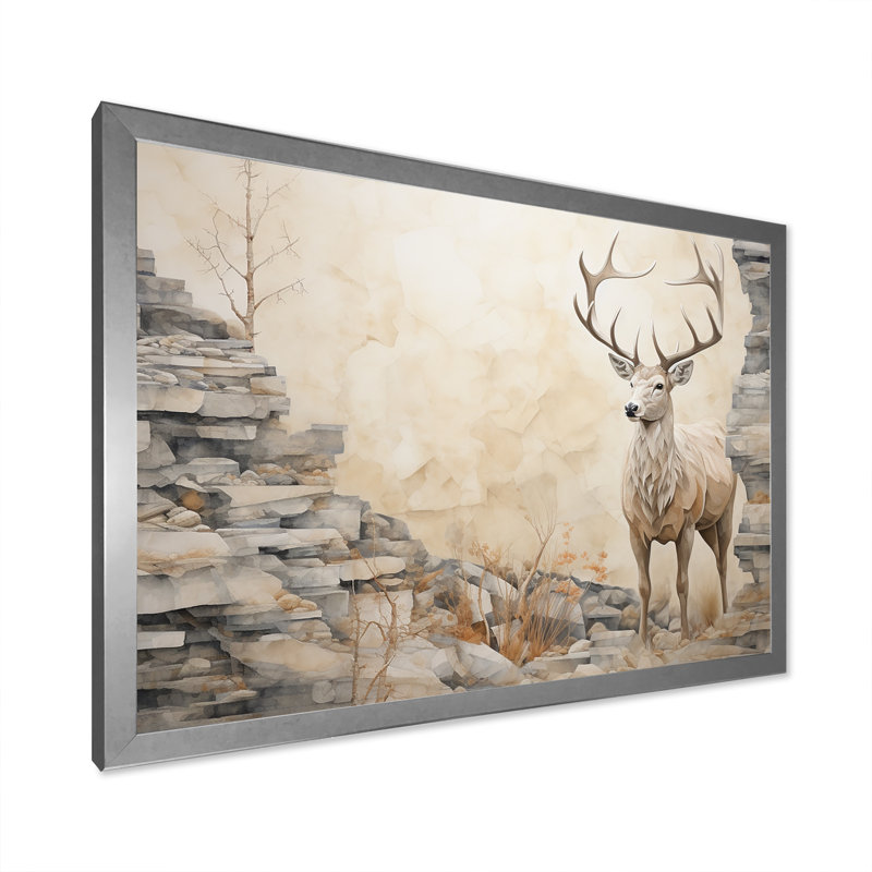Minimalisme, portrait de chevreuil beige I - impression, Cadre simple argenté, H 24 po x l 32 po x P 1 po
