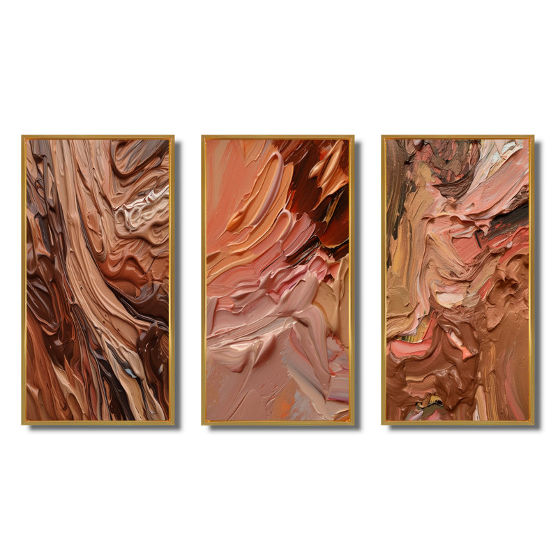 Chocolate Bliss Abstract Painting I - Abstract Painting Art Set Of 3 Pieces, Encadrement doré, H 20 po x l 36 po