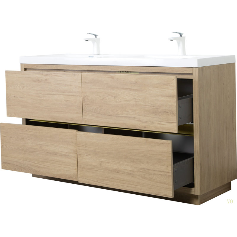 Meuble-lavabo autoportant de 60 po avec double lavabo, meuble-lavabo avec comptoir en résine de pierre et tiroirs à fermeture en douceur