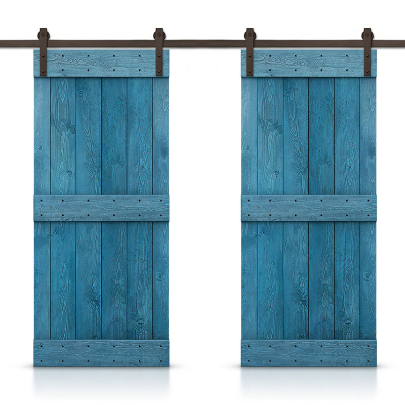 Porte de grange en bois massif lambrissé et métal, 40 po x 84 po, Bleu océan