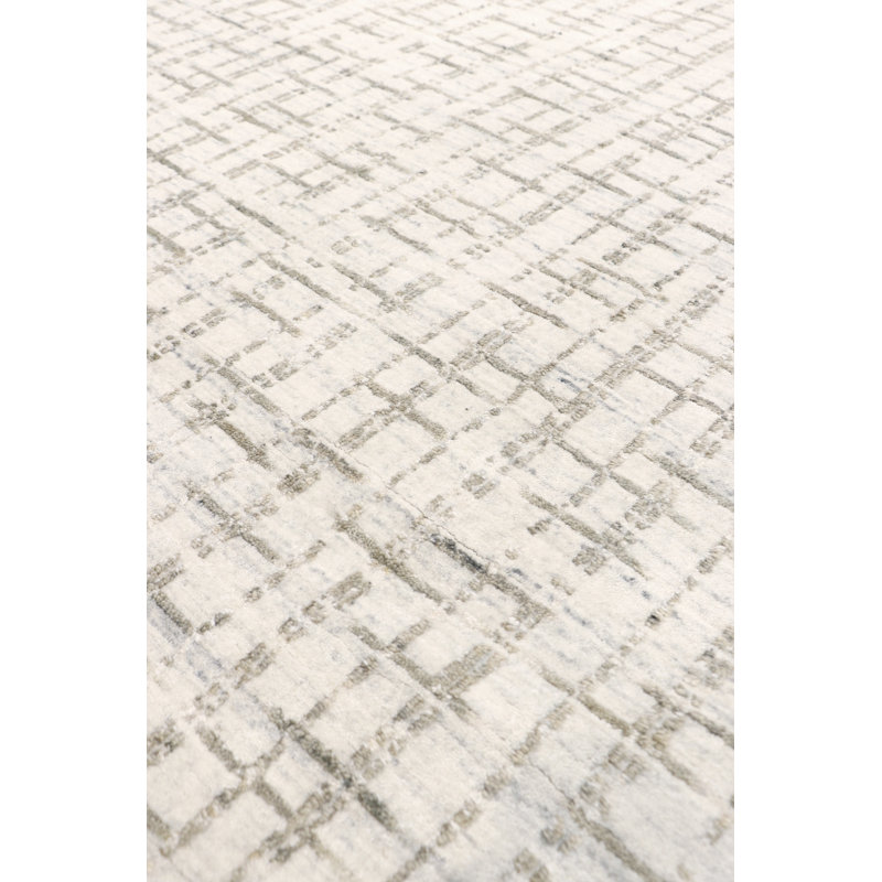 Hand-Loomed Ivory and Silver Wool-Viscose Blend Area Rug, 12' x 15'