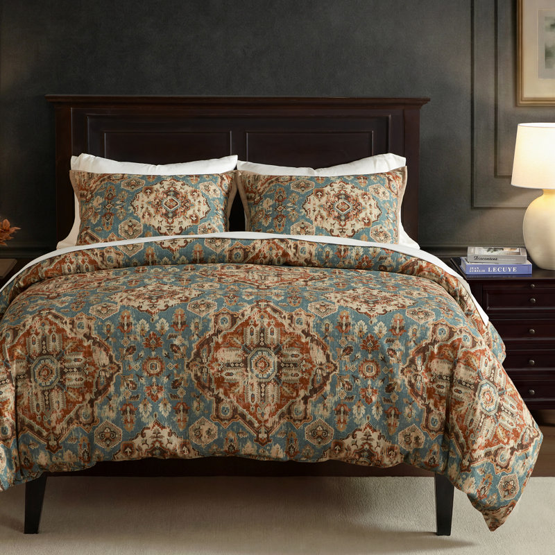 Ensemble de housse de couette Carmen Taupe, Housse de couette grand et 2 taies décoratives, Sarcelle