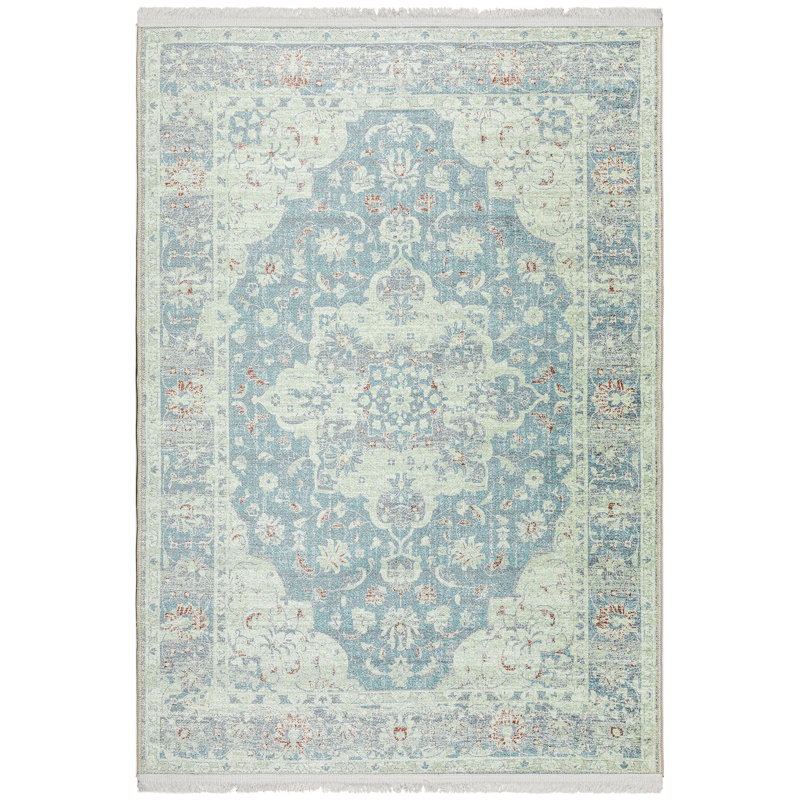 Greenish Blue Medallion Flatweave Washable Area Rug 4' x 6'