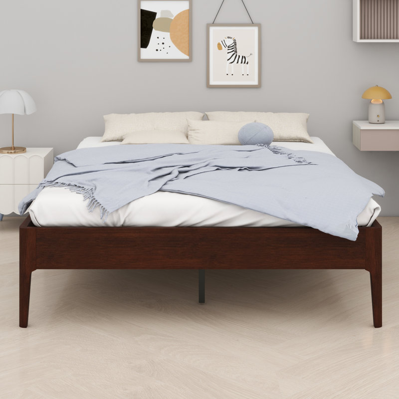 Contemporary Wood Platform Bed Frame with Wooden Slats and Metal Support, Chocolate