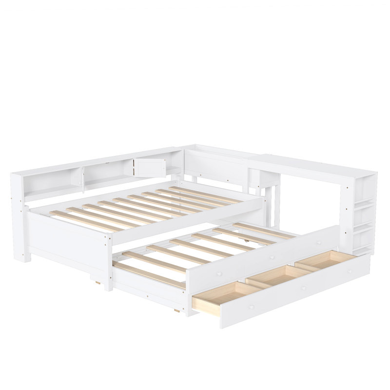 Lit de jour avec couchette, cadre de lit de jour en bois avec tiroirs de rangement, tablettes latérales et bureau, Lit simple
