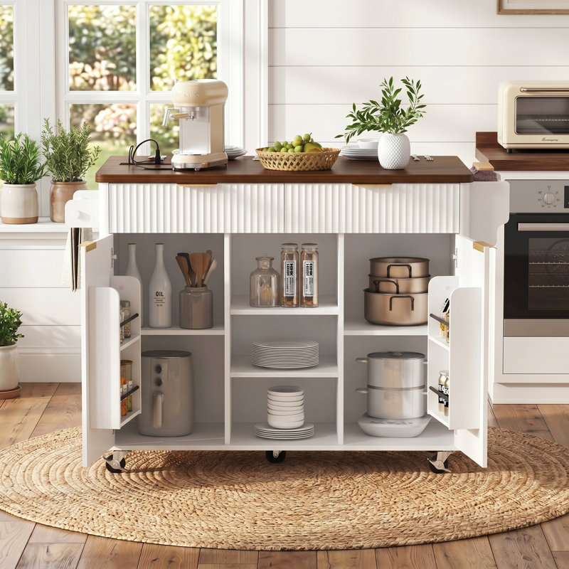 52" Fluted Kitchen Island with Drop Leaf, Power Outlet, White MDF Kitchen Storage Cart with Adjustable Shelves, 2 Doors and 2 Drawers, Rolling Island Table for Kitchen, Dining Room
