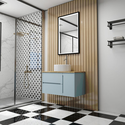 Armoire de meuble-lavabo mural 36 po à deux tiroirs + porte simple et plateau en bois massif, lavabo rond en céramique, design minimaliste moderne, pour salle de bain