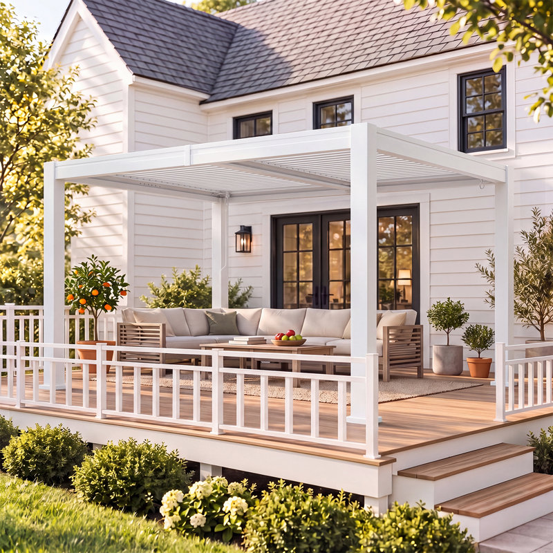 12 pi. L 10 pi. D Pergola d'extérieur en métal avec toit réglable, White