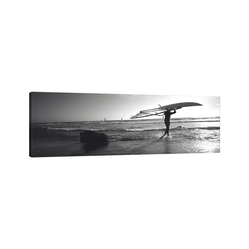 Man Carrying A Surfboard Over His Head On The Beach, Santa Cruz, California, USA - Wrapped Canvas Panoramic Print