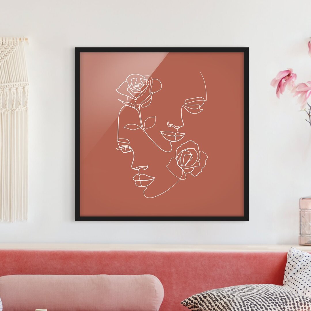 Gerahmtes Poster Line Art Faces Women Roses Copper