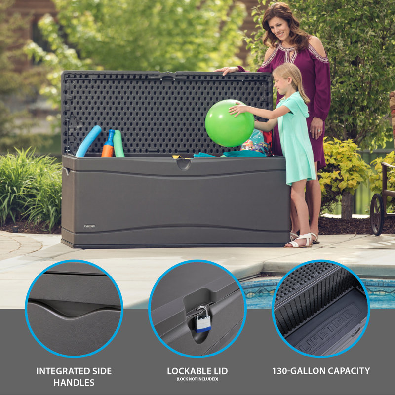 Lifetime Water Resistant Plastic Lockable Deck Box, Gray, 130 Gallon