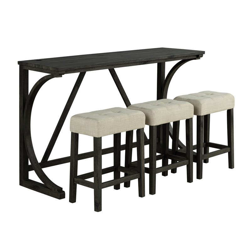 Ensemble de salle à manger brun / beige 4 pièces transitionnel - table étroite l 59 po avec charge USB-A et USB-C, tabourets capitonnés et design compact