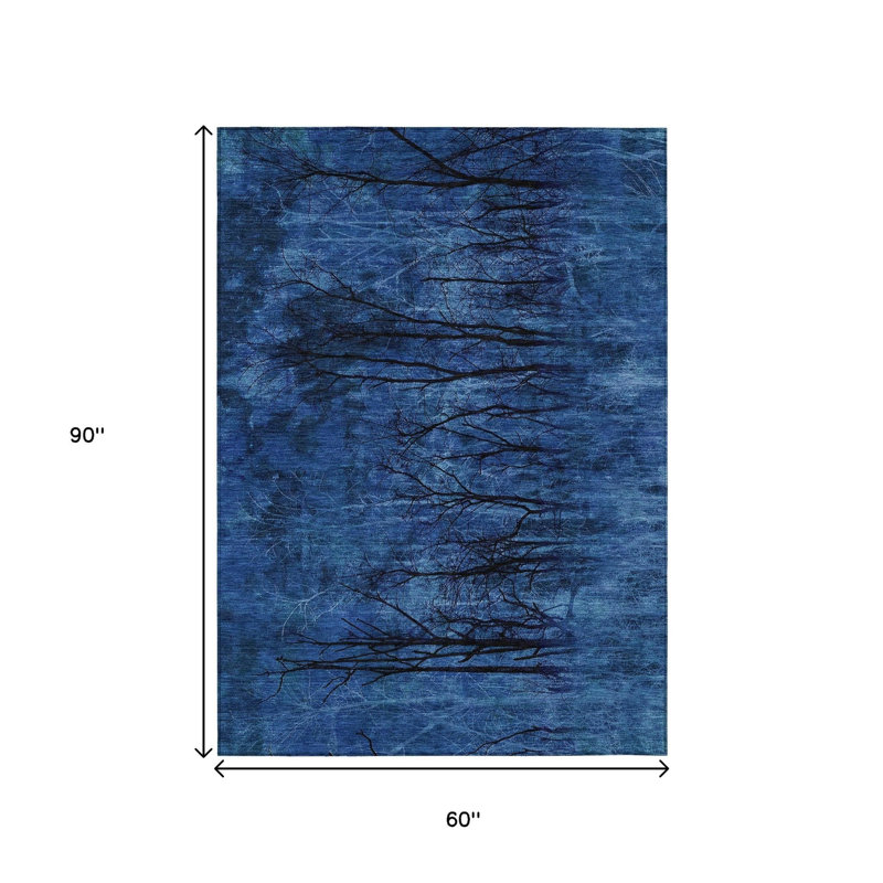 Tapis extérieur lavable floral bleu et gris anthracite 5 pi x 8 pi