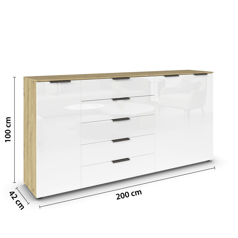5 - Drawer Chest of Drawers, Artisan Oak/White Glass/Graphite