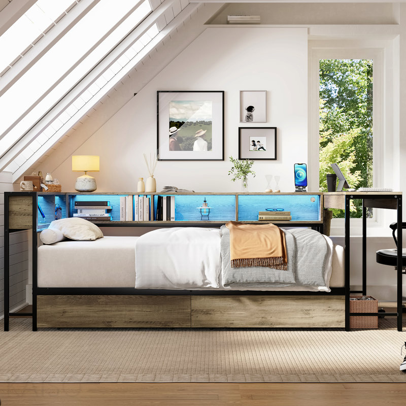 Corner Bed Frame Full Size With Bookcase And 2 Underbed Storage Drawers, Modern Full Bed With Led Light And Charging Station, Modern Daybed ,Left And Right Interchangeable, Grey