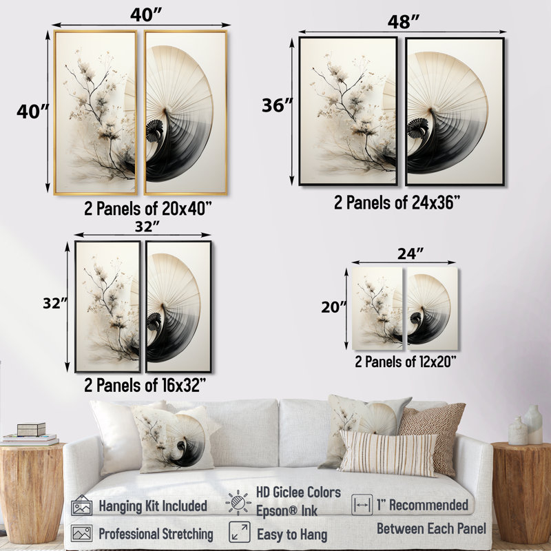Art asiatique, coquillage Sumi VI - Art asiatique, art mural, 2 panneaux, 20" H x 24" W, Wrapped Canvas, Does Not Apply