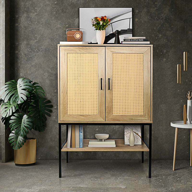 Armoire de rangement autoportante avec porte inférieure en rotin de 31,5 pouces de large 2 portes avec tablette inférieure