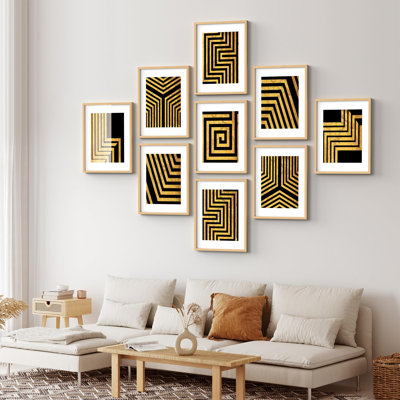 Art mural encadré, ensemble de galerie, reproduction de labyrinthe doré et géométrique, formes abstraites, art numérique moderne, bichromie contemporaine pour chambre à coucher, salon, bureau 