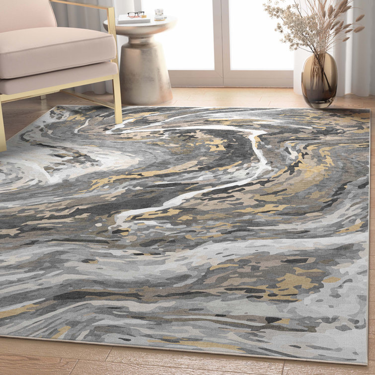 Nuzzo Dunes Retro Marble Flat-Weave Grey Gold Area Rug