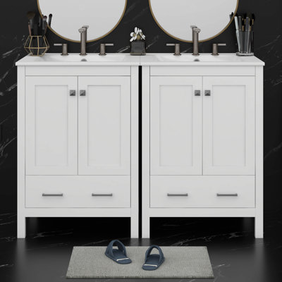 Meuble-lavabo 48 po avec lavabo, meuble-lavabo moderne avec portes et tiroir à fermeture en douceur, armoire de rangement avec lavabo encastré en céramique