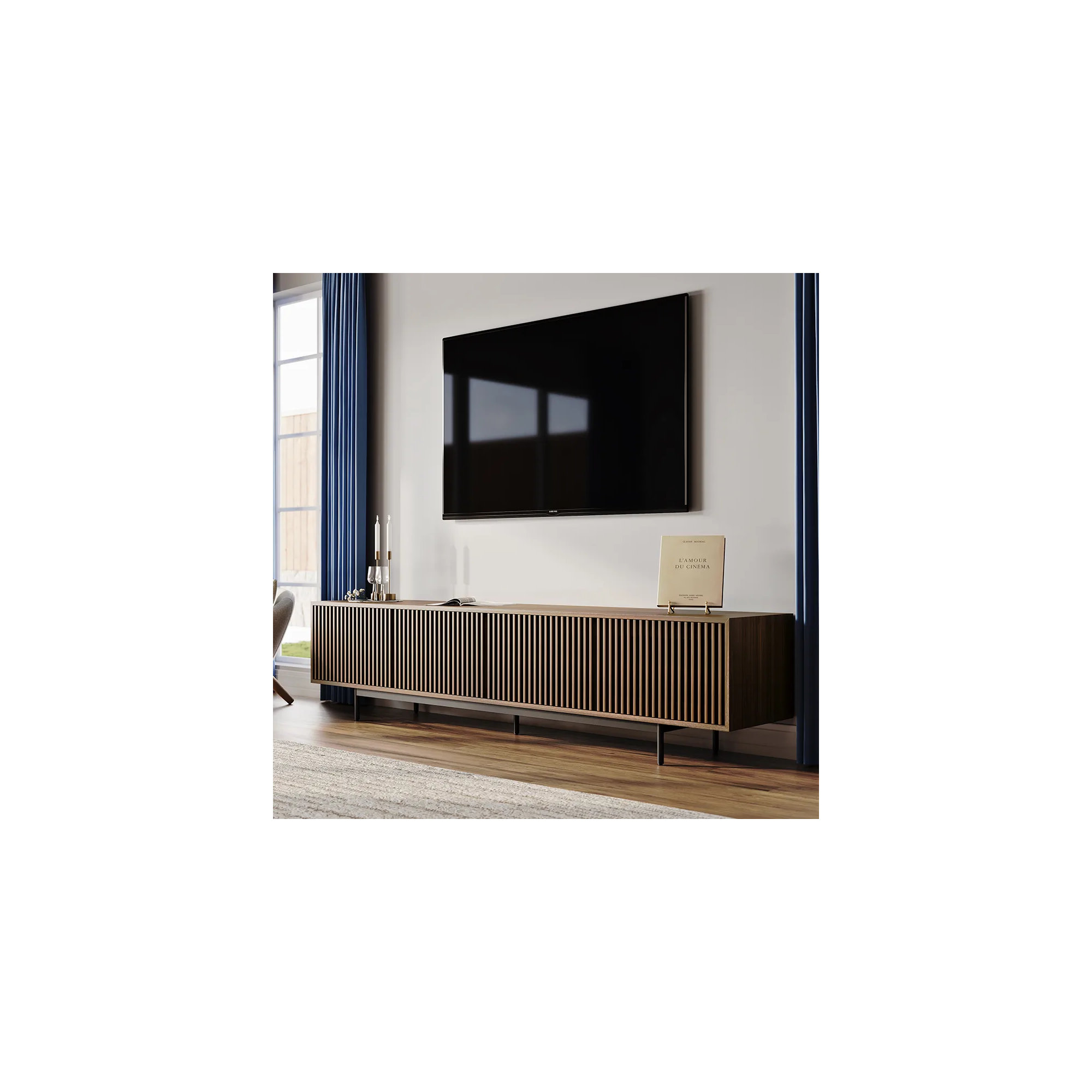 Mid-Century Modern TV Stand, Walnut, 21.26" H x 95" W x 18.89" D