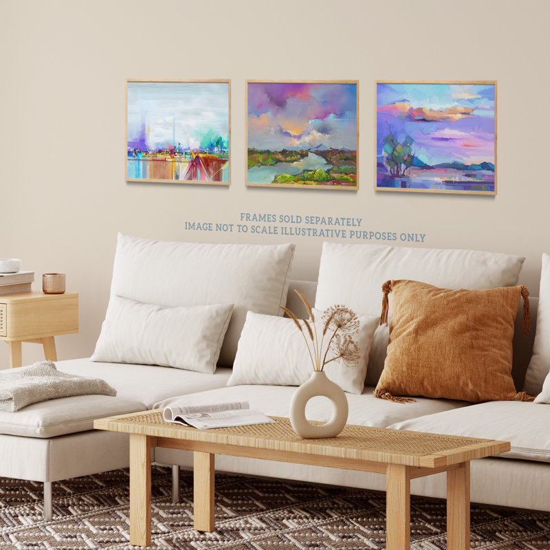 Bright Multicoloured Coastal Landscape Abstract 4 Piece Wall Art, 29.7cm H x 21cm W x 0.4cm D