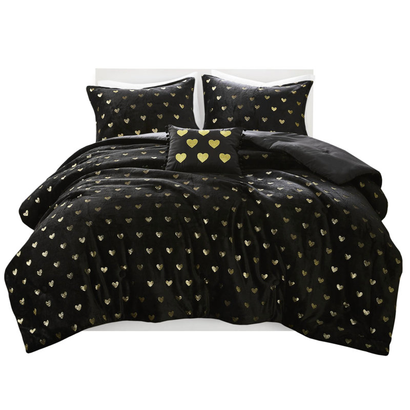 4 édredon ultraléger en cœur métallique noir / or doux et lavable à la machine, Full Comforter + 3 Additional Pieces, Black