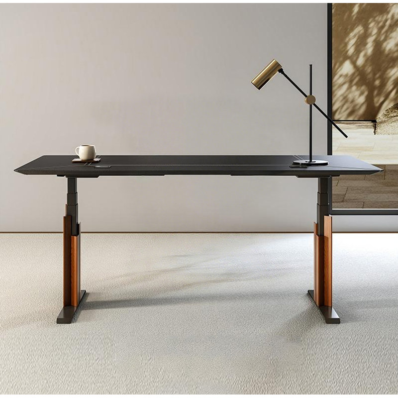 Leather-Wrapped Height Adjustable Desk with Steel Legs, 23.6" H x 63" W x 27.6"D