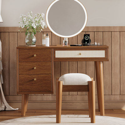 (Mirror Not Included)39" Retro Bohemian Style Wooden Makeup Vanity Set With Charging Plug&USB Port And Stool, Dressing Table With Drawer