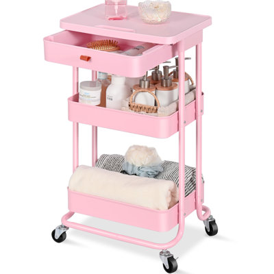 Utility Cart with Wheels,Metal Cart,3 Tier Rolling Cart With Drawer & Table Top,Bathroom Cart,Salon Trolley Cart,Kitchen Storage Cart