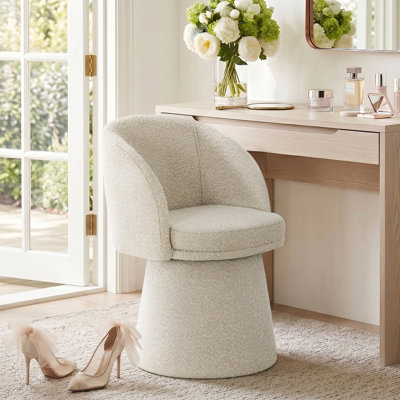 Modern Boucle Upholstered Swivel Vanity Stool with Rounded Back