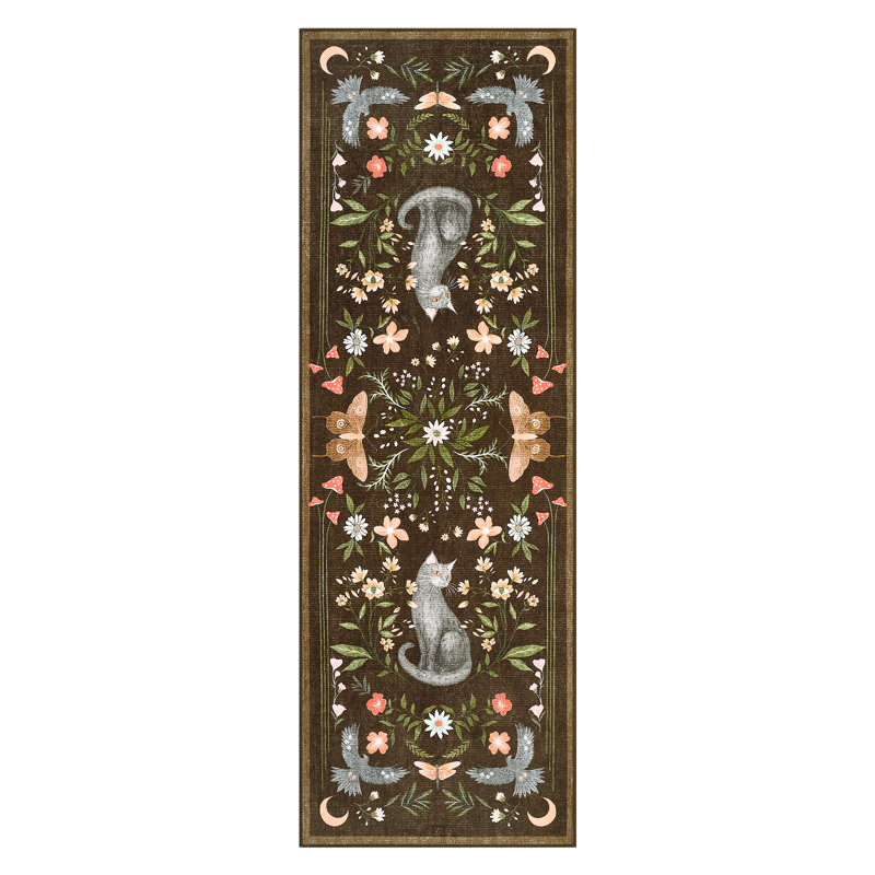 Tapis floral et chat lavable pour salle de bain, salon et chambre à coucher, Brun, Rectangle 72 po x 24 po