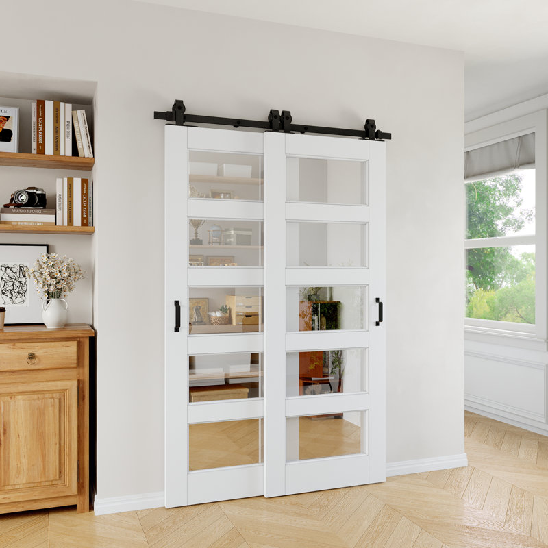 Portes doubles de grange coulissantes 80 po H 80 po x l 48 po avec porte coulissante en verre transparent avec noyau solide et ensemble de quincaillerie - sans assemblage