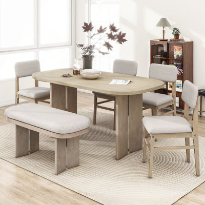 Solid Wood Dining Table Set with Bench - 6-Piece Upholstered Rectangular Dining Room Table Set with Bench, 2-Color Modern Farmhouse Kitchen Furniture