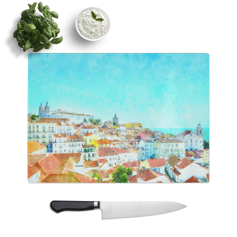 Tempered Glass Skyline of Alfalma Lisbon Portugal Chopping Board, 28.5 cm x 39 cm