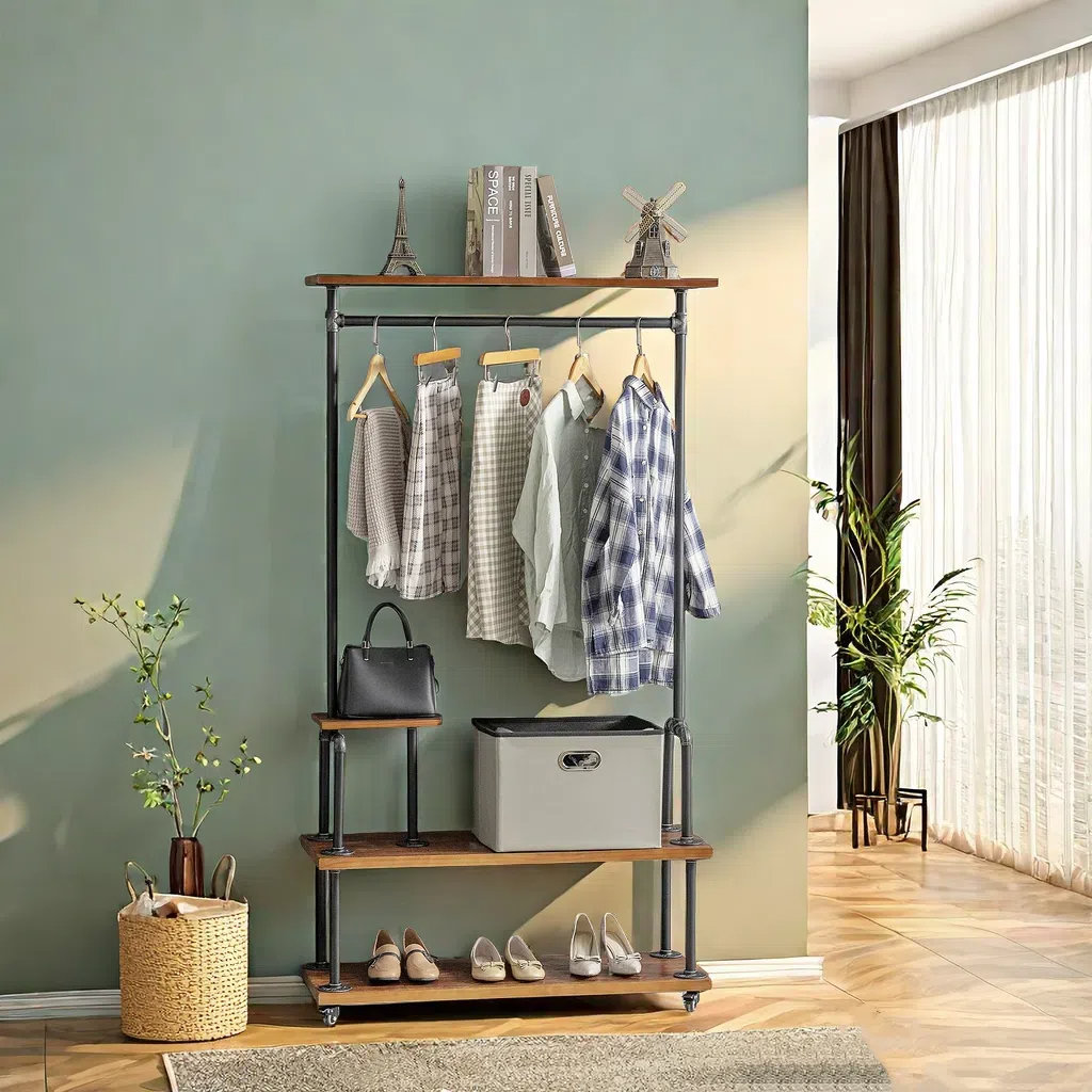 DOFURNILIM Industrial Clothing Rack, Pipe Style Rolling Garment Rack ...