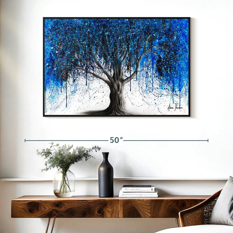 Arbre bleu au clair de lune, Cadre flottant noir, 40 po x 27 po