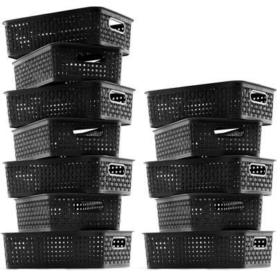 12-Pack Plastic Storage Baskets – Black Multi-Purpose Household Organizer Bins For Pantry, Bathroom, Kitchen, Cabinets, And Shelves