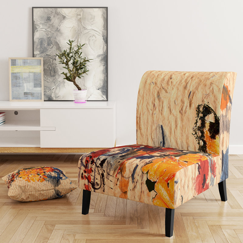 Abstract Colorful Upholstered Slipper Chair - Modern Velvet Accent Chair, Brown/Red/Black