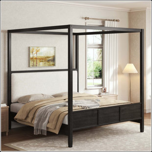 Wooden Canopy Platform Bed with Upholstered Headboard