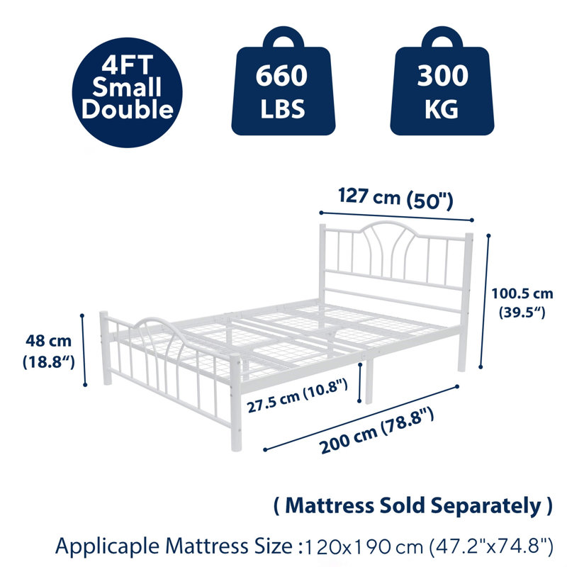 Metal Bed, Small Double (4'), White