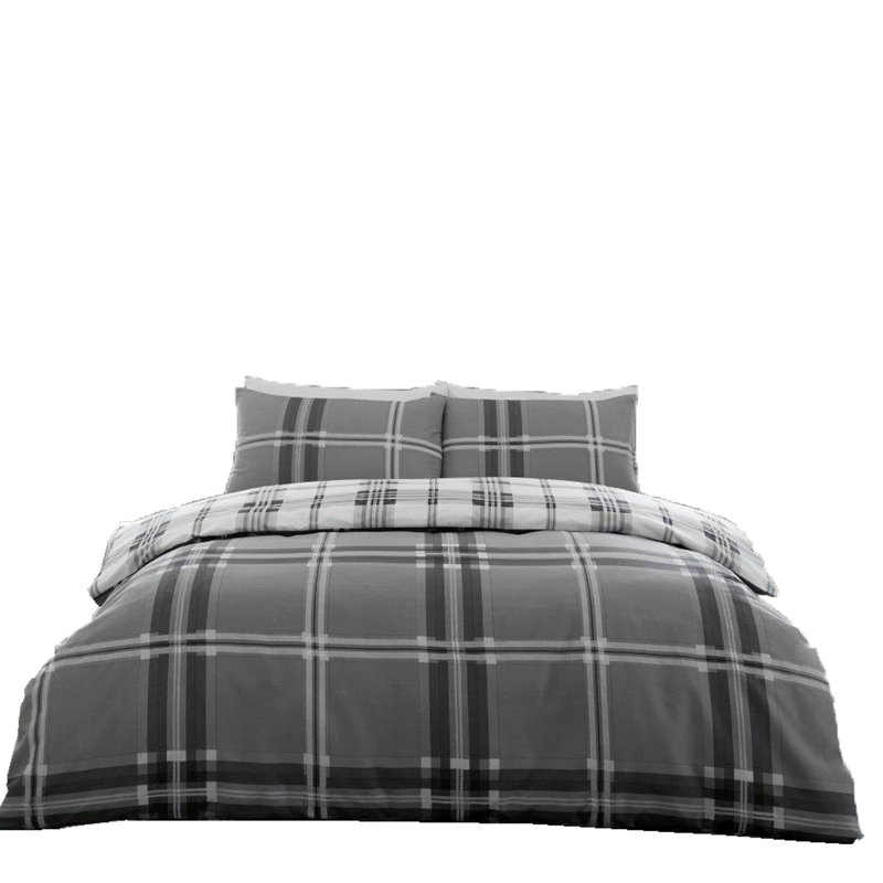 Soft Checked Duvet Cover Set with Pillowcases, Polycotton, Light weight Bedding, Single, Grey