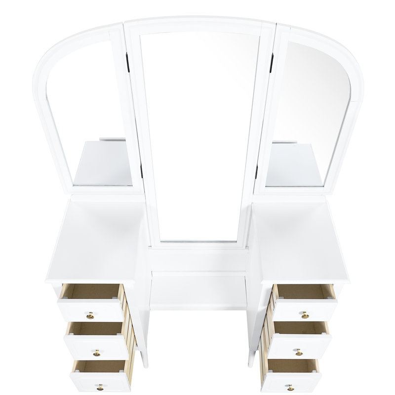 Bureau de maquillage blanc à triple miroir avec 6 tiroirs, tabouret rembourré confortable et pleine longueur pour miroir de meuble-lavabo de style antique, solution de rangement de tiroir