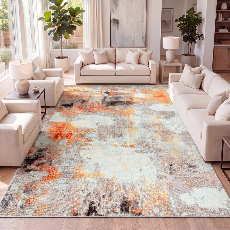 Tapis crème / orange Lasley, Rectangle 5 pi 3 po x 7 pi 7 po