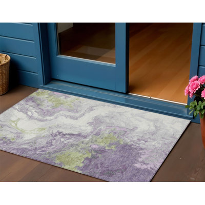 Tapis intérieur/extérieur lavable, motif lavande abstrait et vert fougère, 90 x 150 cm